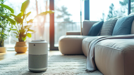 Wall Mural - Air purifier machine inside a living room area of the house. Cleaning and diffusing essential oils at once.