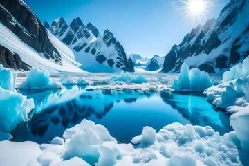 Wall Mural - An awe-inspiring glacier vista, with massive ice formations glistening in shades of blue, surrounded by rugged mountains and frozen tundra.