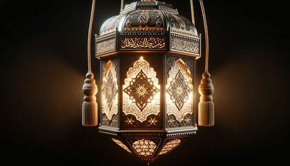 Wall Mural - golden lantern with a crescent moon and islamic ornament background
