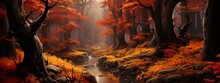 A Fantastic Magical Autumn Landscape With A River, An Oak Forest, Trees With Orange-red And Yellow Leaves On A Cloudy Day. Nature, Landscape, Environment Concepts.