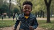 Kid black african boy at the park in spring running and smiling at camera from Generative AI