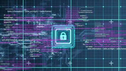 Poster - Animation of padlock and data processing over black background