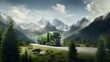 Green energy and transport concept. truck driving through lush scenery with forest and mountains