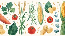 Watercolor, Hand-drawn Illustration Of Vegetables And Fruits. Fresh Food Design Elements: Greenery, Leaves, Corn, Wheat, Tomato, Potato, Leaves, Stalks, Broccoli, Carrot, Pepper, Garlic, And Zucchini