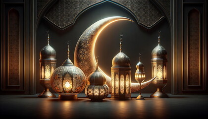 Wall Mural - golden lantern with a crescent moon and islamic ornament background