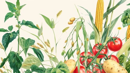 Wall Mural - watercolor, hand-drawn illustration of vegetables and fruits. fresh food design elements: greenery, leaves, corn, wheat, tomato, potato, leaves, stalks, Broccoli, carrot, pepper, garlic, and zucchini