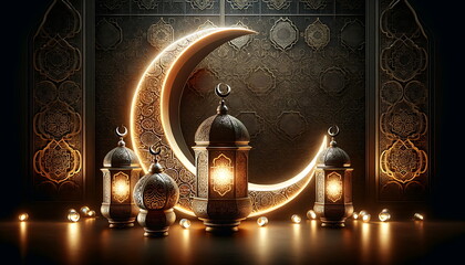 Wall Mural - golden lantern with a crescent moon and islamic ornament background
