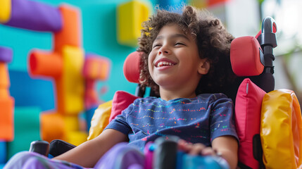 Wall Mural - Special needs, autistic child inside a wheel chair inside a colorful day care classroom.