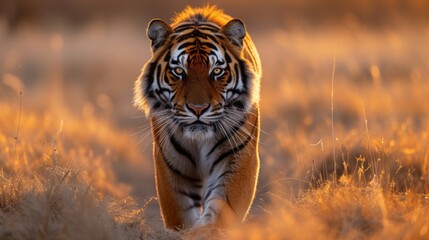  Great tiger male in the nature habitat. Tiger walk during the golden light time.