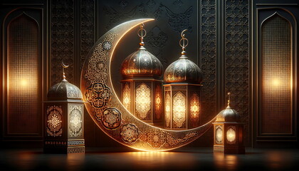 Wall Mural - golden lantern with a crescent moon and islamic ornament background