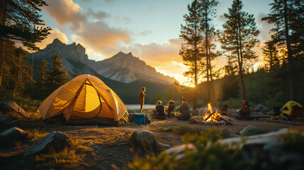 camping in the summer scene by the lake in late afternoon. adventures in the great outdoors.