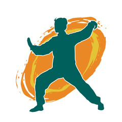 Silhouette of a slim female doing martial art pose. Silhouette of a martial art woman in action pose.