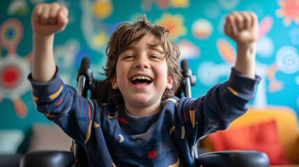 Wall Mural - Boy in a wheel chair celebrating a happy moment. Hands up in the air and smiling with excitement inside a classroom.
