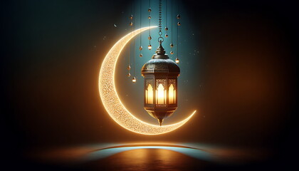 Wall Mural - golden lantern with a crescent moon and islamic ornament background