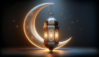 Wall Mural - golden lantern with a crescent moon and islamic ornament background
