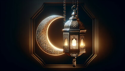 Wall Mural - golden lantern with a crescent moon and islamic ornament background