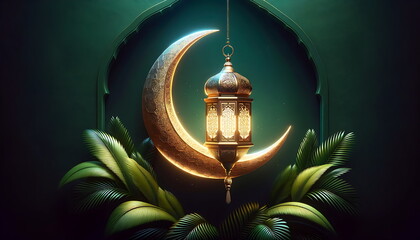 Wall Mural - golden lantern with a crescent moon, tropical plant leaves, and islamic ornament background