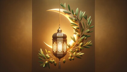 Wall Mural - golden lantern with a crescent moon, olives fruit, and leaves. islamic ornament background