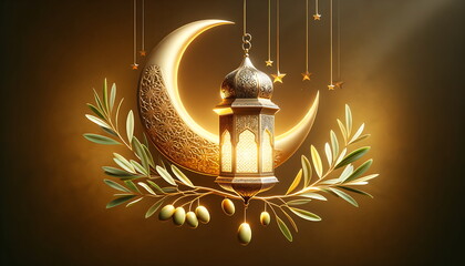 Wall Mural - golden lantern with a crescent moon, olives fruit, and leaves. islamic ornament background