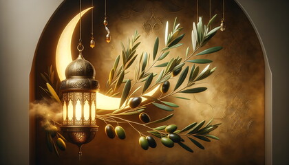 Wall Mural - golden lantern with a crescent moon, olives fruit, and leaves. islamic ornament background