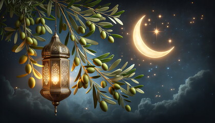 Wall Mural - golden lantern with a crescent moon, olives fruit, and leaves. night sky background