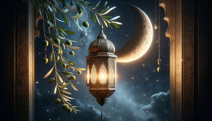 Wall Mural - golden lantern with a crescent moon, olives fruit, and leaves. night sky background