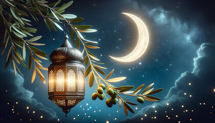 Wall Mural - golden lantern with a crescent moon, olives fruit, and leaves. night sky background