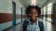 Kid black african girl at the school hallway and smiling at camera from Generative AI