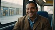 Happy smiling employee hispanic man sitting on a bus looking at the camera, riding a public transportation from Generative AI