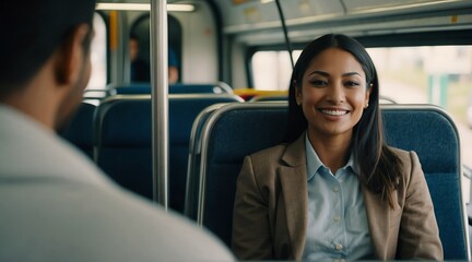 Wall Mural - Happy smiling employee immigrant woman sitting on a bus looking at the camera, riding a public transportation from Generative AI