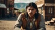 Beautiful native indian young man at wild west in a town from Generative AI