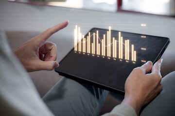 Wall Mural - Businessman touch investment growth graph chart and analysing growth achievement diagram data trading and exchange, Stock market, Investment, dynamics of financial growth of business