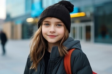 Wall Mural - Portrait of a beautiful young girl in a hat and coat on the street