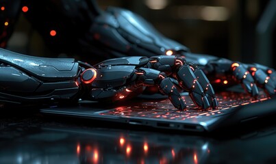 Poster - concept photo of technological development: robot hand typing on a laptop