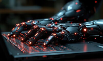 Poster - concept photo of technological development: robot hand typing on a laptop