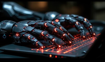 Poster - concept photo of technological development: robot hand typing on a laptop