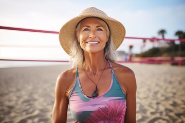 Sticker - Portrait of beautiful senior woman in swimsuit and hat on beach