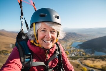 Poster - Portrait of happy senior woman with helmet and paraglider