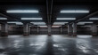 An empty underground parking lot illuminated by neon lights.