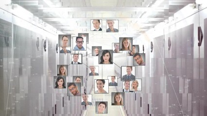 Poster - Animation of network of connections with people's photos over computer servers