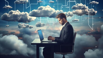 Poster - Tech-savvy businessman engaged in cloud storage: downloading files, ensuring cyber security, and embracing data backup on laptop