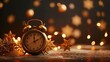 © Thares2020 - Vintage clock on table set festive. Christmas backdrop with warm orange tones and blurred lights holiday celebrations and countdown to new year timepiece marking minutes and seconds to midnight