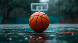 Fototapeta  - An official orange ball on a hardwood basketball court. generative ai