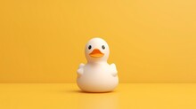 White Rubber Duck Toy On Yellow Background.