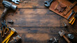 Carpentry tool belt on woodwork workshop, The carpenter process the wood by the belt sander,  Tool belt with tools on wooden background, generative Ai