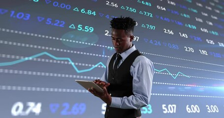 Poster - Animation of financial data processing over african american businessman using tablet