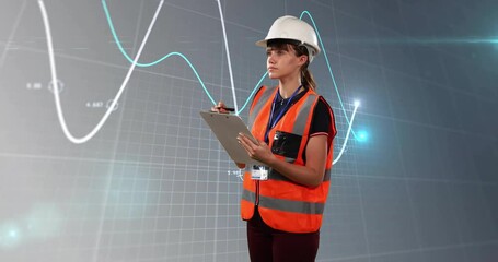 Poster - Animation of financial data processing over caucasian female architect with clipboard
