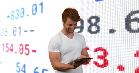 Poster - Animation of financial data processing over caucasian man using tablet