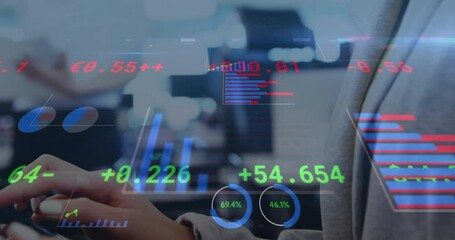 Poster - Animation of financial data processing over caucasian businesswoman using tablet