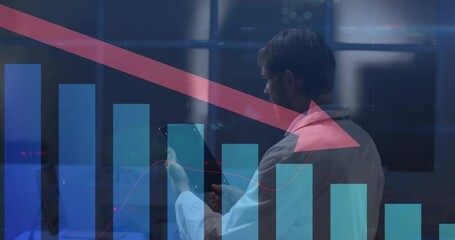 Poster - Animation of financial data processing over caucasian businessman using tablet